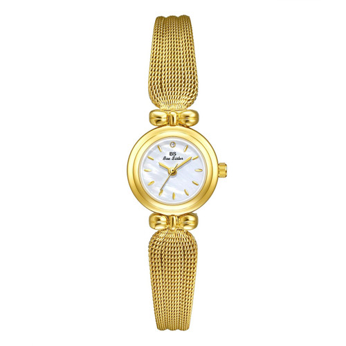 BS Bee Sister 22mm Retro Female Wrist Watch with Stainless Steel Mesh Butterfly Design Strap(Golden White)