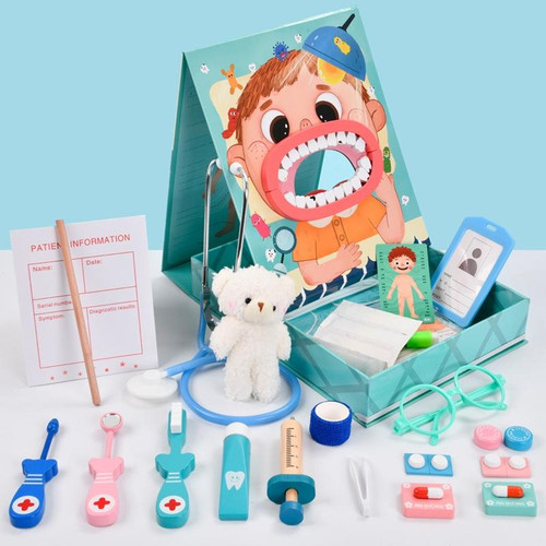 Wooden Children Oral Dentistry Simulation Dentist Set Pretend Play Medical Toy, Color: Basic Model Blue