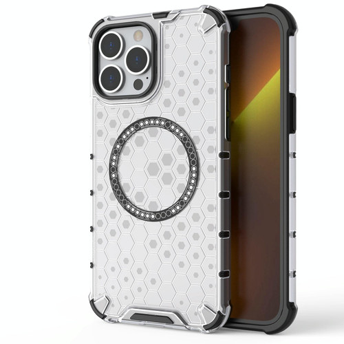 For iPhone 13 Pro Max Honeycomb Magnetic Ring Shockproof Phone Case(White)