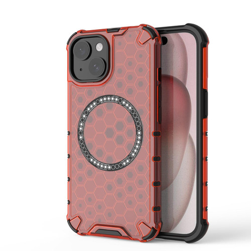 For iPhone 15 Honeycomb Magnetic Ring Shockproof Phone Case(Red)