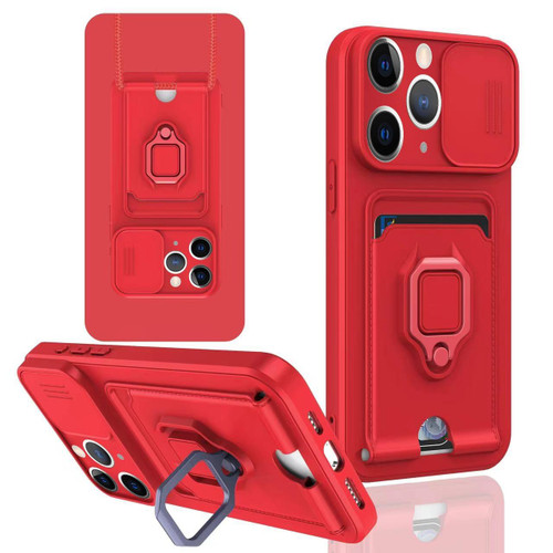 For iPhone 11 Pro Sliding Camshield Magnetic Card Holder Silicone Phone Case(Red)