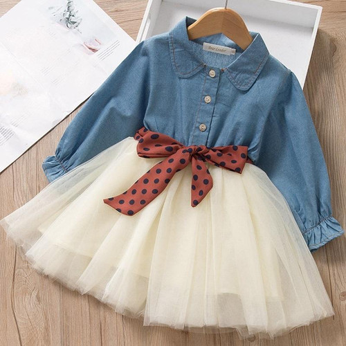 Girls Dress Denim Stitching Mesh Skirt + Removable Polka Dot Belt Suit Skirt (Color:Blue Size:100) Girls Dress Denim Stitching Mesh Skirt + Removable Polka Dot Belt Suit Skirt (Color:Blue Size:100)