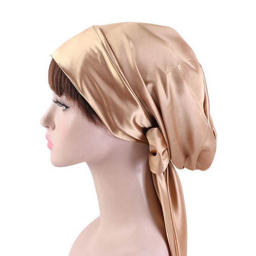 2 PCS TJM-226 Ladies Satin Print Ribbon Bow Turban Hat Night Cap Silk Chemotherapy Hat Long Tail Braid Hat(Khaki) 2 PCS TJM-226 Ladies Satin Print Ribbon Bow Turban Hat Night Cap Silk Chemotherapy Hat Long Tail Braid Hat(Khaki)