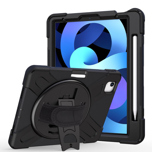 For iPad Air 2022 / 2020 10.9 360 Degree Rotation PC + Silicone Protective Case with Holder & Hand-strap(Black)