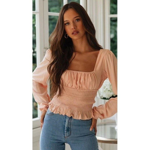 Square Collar Ruffled Lantern Long Sleeve Waist Chiffon Shirt Top (Color:Pink Size:M) Square Collar Ruffled Lantern Long Sleeve Waist Chiffon Shirt Top (Color:Pink Size:M)