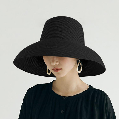 Big Eaves Straw Hat  Female Summer Sunscreen Basin Hat Beach Vacation Sunhat Fisherman Hat, Colour: Black(M56-58cm)