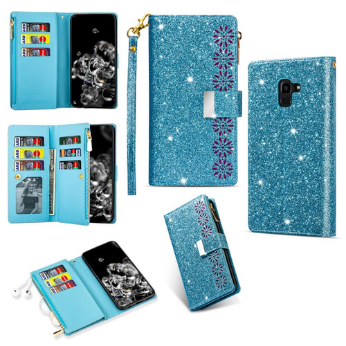 For Samsung Galaxy J6 (2018) Multi-card Slots Starry Sky Laser Carving Glitter Zipper Horizontal Flip Leather Case with Holder & Wallet & Lanyard(Sky Blue)