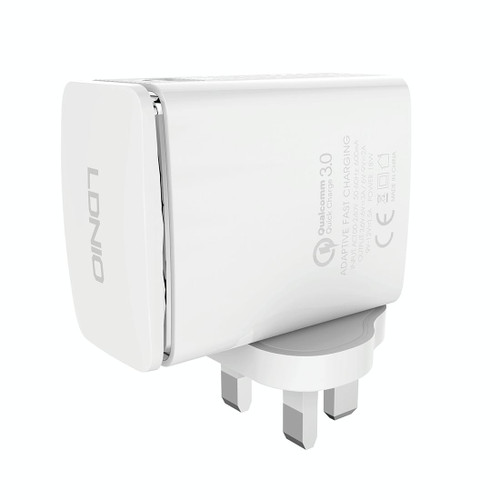 LDNIO A1301Q 2 in 1 18W QC3.0 USB Interface Travel Charger Mobile Phone Charger with 8 Pin Data Cable, UK Plug