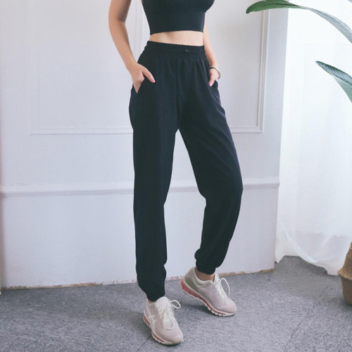 High Waist Drawstring Fitness Pants Loose Casual Sports Yoga Clothes (Color:Black Size:S)