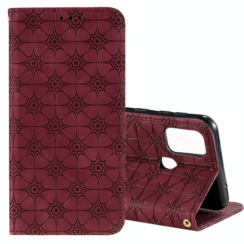 For Samsung Galaxy M31 Lucky Flowers Embossing Pattern Magnetic Horizontal Flip Leather Case with Holder & Card Slots(Wine Red)