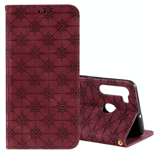 For Samsung Galaxy A21 Lucky Flowers Embossing Pattern Magnetic Horizontal Flip Leather Case with Holder & Card Slots(Wine Red)