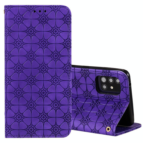 For Samsung Galaxy A51 5G Lucky Flowers Embossing Pattern Magnetic Horizontal Flip Leather Case with Holder & Card Slots(Purple)