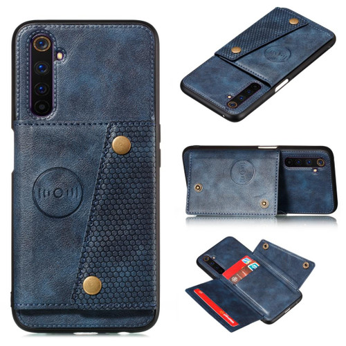 For OPPO Realme 6 Double Buckle PU + TPU Shockproof Magnetic Protective Case with Card Slot & Holder(Blue)