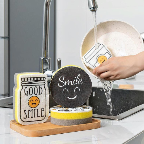 4 PCS/Set Cartoon Smiley Dishwashing Sponge Wipe Kitchen Double-sided Scouring Pad, Style:Sponge Wipe