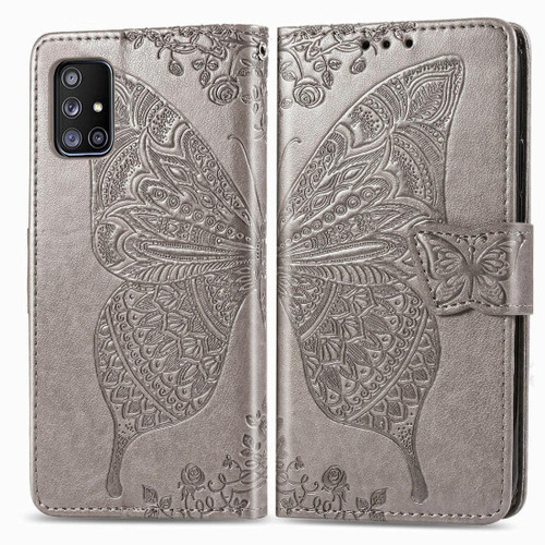 For Galaxy A51 5G Butterfly Love Flower Embossed Horizontal Flip Leather Case with Bracket / Card Slot / Wallet / Lanyard(Gray)