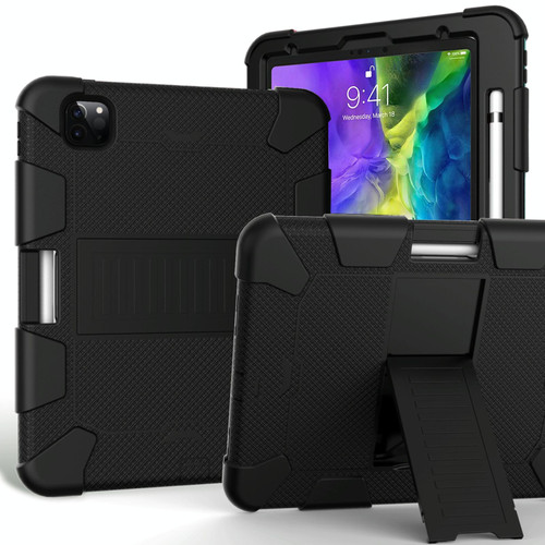 For iPad Pro 11 (2020) Shockproof Two-Color Silicone Protection Tablet Case with Holder & Pen Slot(Black)