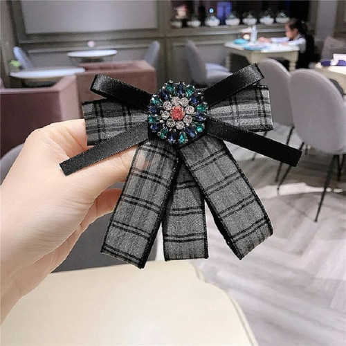 Women Fresh Plaid Bow Tie Diamond Bow-knot Brooch Shirt Accessories(Black Gray)