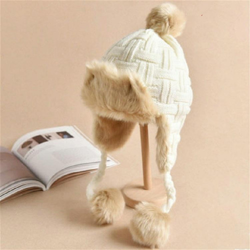 Winter Plus Velvet Knitted Wool Hat Bomber Cap Flight Hat, Size:M (56-58cm)(White)