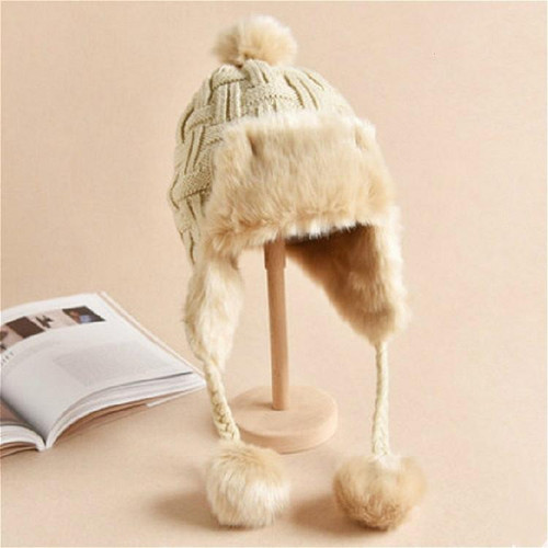 Winter Plus Velvet Knitted Wool Hat Bomber Cap Flight Hat, Size:M (56-58cm)(Beige)