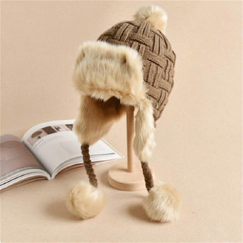 Winter Plus Velvet Knitted Wool Hat Bomber Cap Flight Hat, Size:M (56-58cm)(Khaki)