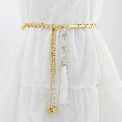 Women Metal Waist Chain Belt Skirt Accessories with Tassel(White)