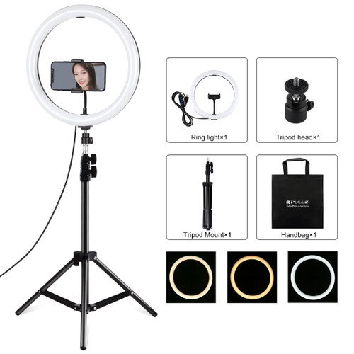 PULUZ 11.8 inch 30cm Light + 1.1m Tripod Mount Curved Surface USB 3 Modes Dimmable Dual Color Temperature LED Ring Vlogging Video Light  Live Broadcast Kits with Phone Clamp(Black)