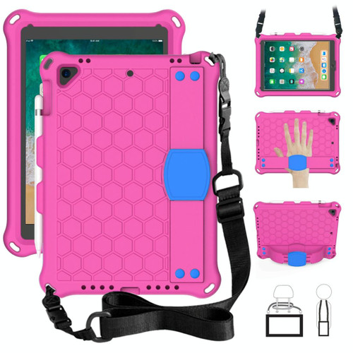 For iPad Air / Air 2 / Pro 9.7 / iPad 9.7 (2017) /  iPad 9.7 (2018) Honeycomb Design EVA + PC Four Corner Shockproof Protective Case with Straps (Rose Red)