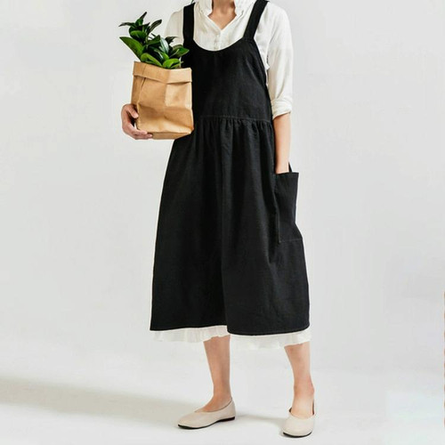 High Waist Cotton Linen Solid Color Apron(Black)