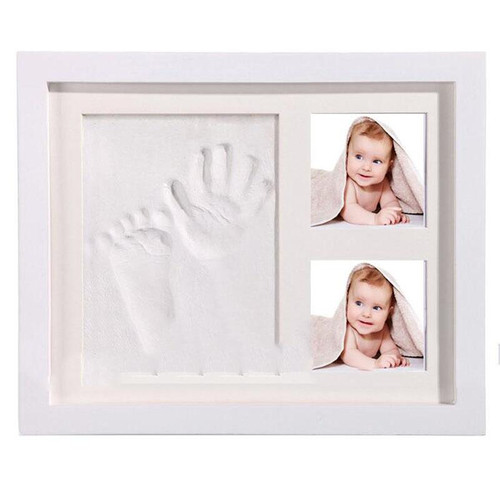 Solid Wood Three-frame BabyHands and Feet Mud Print Photo Frame with Cover(White Photo Frame White Mud)