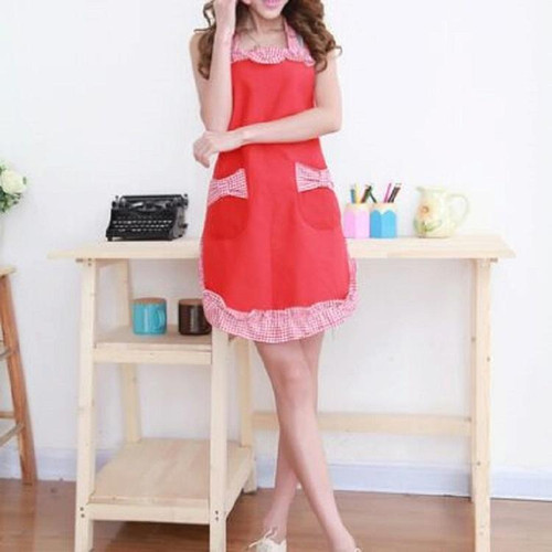 Sleeveless Bow Lace Apron with Pocket(Red White Grid on Red)