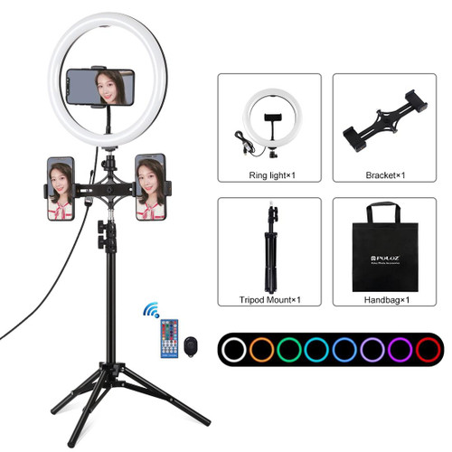PULUZ 10.2 inch 26cm Curved Surface RGBW LED Ring Light + 1.1m Tripod Mount + Dual Phone Brackets Horizontal Holder + Vlogging Video Light  Live Broadcast Kits with Remote Control & Phone Clamp(Black)