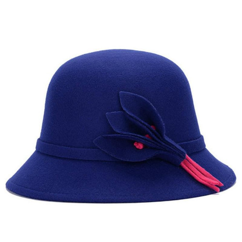 Autumn and Winter Ladies Pot Cap Woolen Top Hat with Flower Decoration, Size:One Size(Royal Blue)