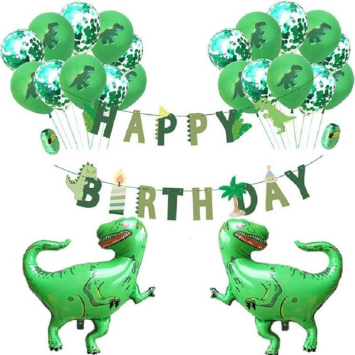 Dinosaur Theme Party Set Birthday Letter Pull Flag Aluminum Film Sequin Dinosaur Balloon Children Birthday Arrangement Decoration(Green)