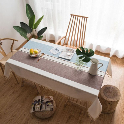 Rectangle Cotton Linen Tassels Dining Tablecloth Wedding Party Kitchen Home Decoration Table Cover, Size:140x160cm(Coffee Blue)