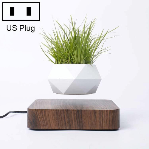 Diamond Plastic Flower Pot + Dark Wood Grain Base Magnetic Levitation Potted Plant Home Decoration, US Plug