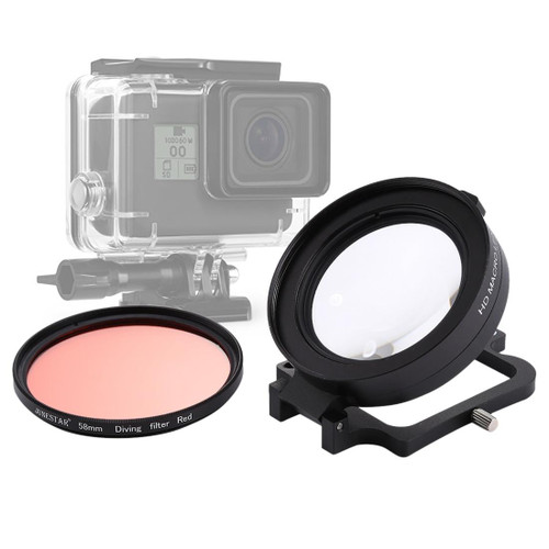 58mm 16X Macro Lens + Red Diving Lens Filter with Lens Cover + Lens Filter Ring Adapter + String + Cleaning Cloth for GoPro HERO6 /5 Dive Housing