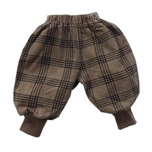 Childrens Plaid And Velvet Bloomers And Drawstring Pants (Color:Coffee Size:80)