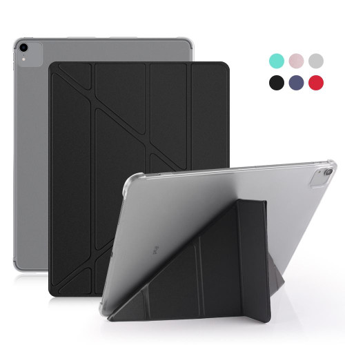 For iPad Pro 12.9 inch (2020) Multi-folding Horizontal Flip Shockproof Transparent PC + PU Leather Tablet Case with Sleep / Wake-up Function(Black)