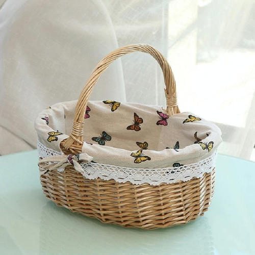 Hand-woven Picnic Basket Sackcloth Rattan Storage Basket, Specification:Large(Primary Color Butterfly Cloth)