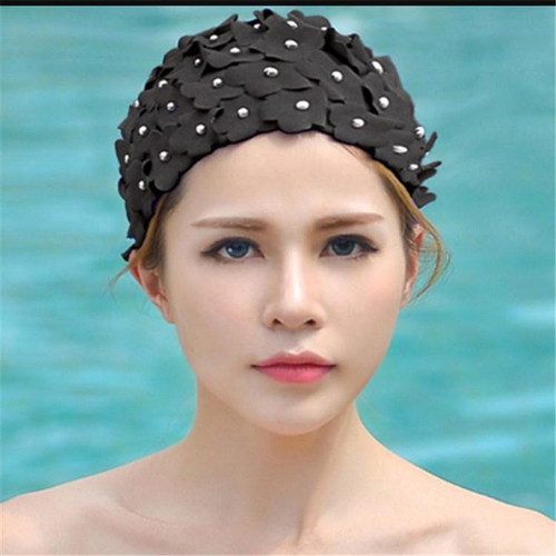 Pearl Three-dimensional Handmade Flower Swimming Cap for Women(Black) Pearl Three-dimensional Handmade Flower Swimming Cap for Women(Black)