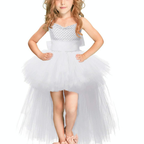 White Girls Lace Sling Dress Mesh Tutu Party Dress, KId Size:5-6 age110-120cm