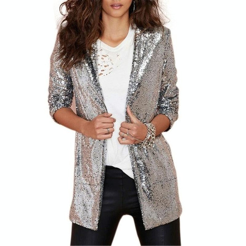 Women Sequined Suit Jacket Without Buckle Stage Clothing(Color:Silver Size:M)