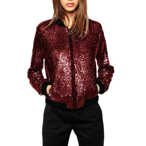 Women Wild Casual Sequin Jacket Short Coat (Color:Wine Red Size:L)