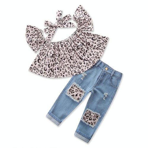 Girls Leopard Print Tube top + Denim Trousers + Hair Band Set, Kid Size:110cm(Leopard) Girls Leopard Print Tube top + Denim Trousers + Hair Band Set, Kid Size:110cm(Leopard)