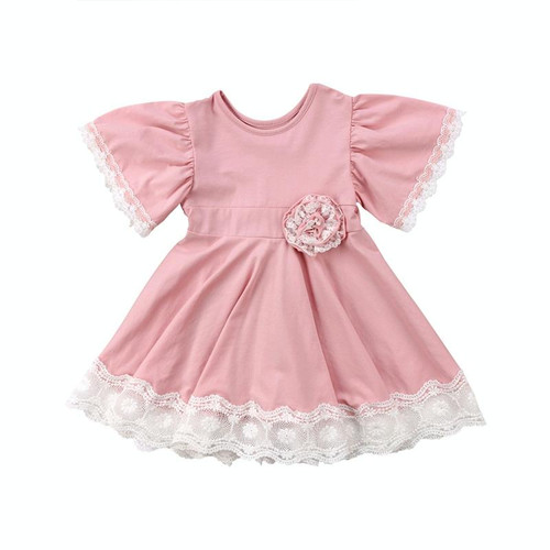 Girls Lace Princess Dress Trumpet Sleeve Three-dimensional Flower Dress, Kid size:110cm(Pink)