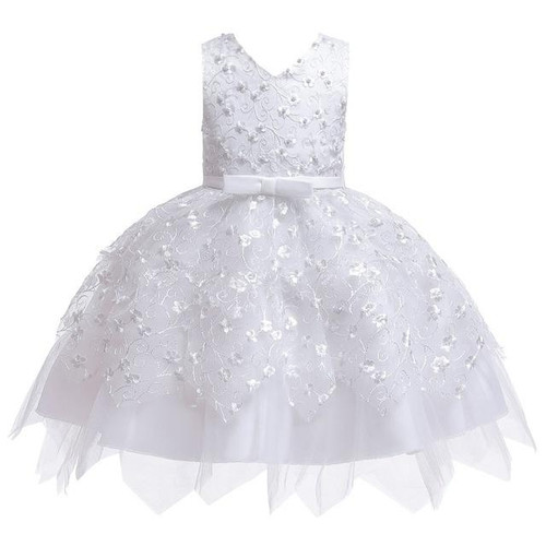 Girls Irregular Embroidered Beaded Bow-knot Tutu Sleeveless Dress Show Dress, Appropriate Height:90cm(White)
