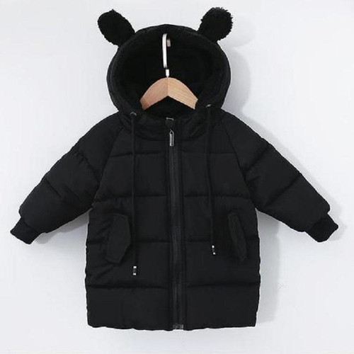 Winter Children Mid-length Thick Warm Down Jacket Cartoon Animal Ear Shape Hooded Cotton Jacket, Height:80cm(Black)