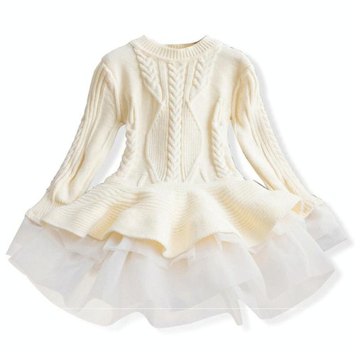 Winter Girls Knit Long Sleeve Sweater Organza Dress Evening Dress, Size:130cm(White  )