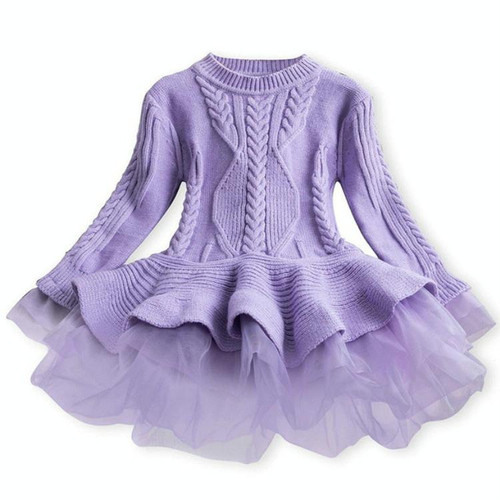 Winter Girls Knit Long Sleeve Sweater Organza Dress Evening Dress, Size:130cm(Purple)