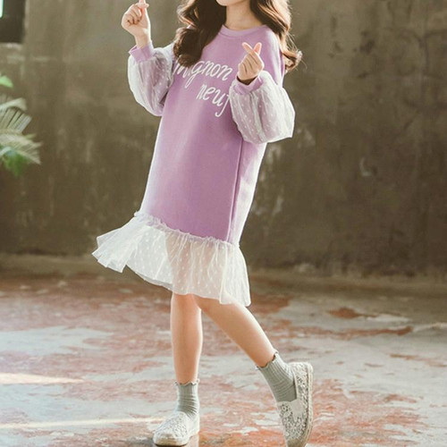 Autumn Girls Fashion Letter Pattern Long Sleeve Lace Stitching Dress, Kid Size:150 Yards(Light Purple) Autumn Girls Fashion Letter Pattern Long Sleeve Lace Stitching Dress, Kid Size:150 Yards(Light Purple)
